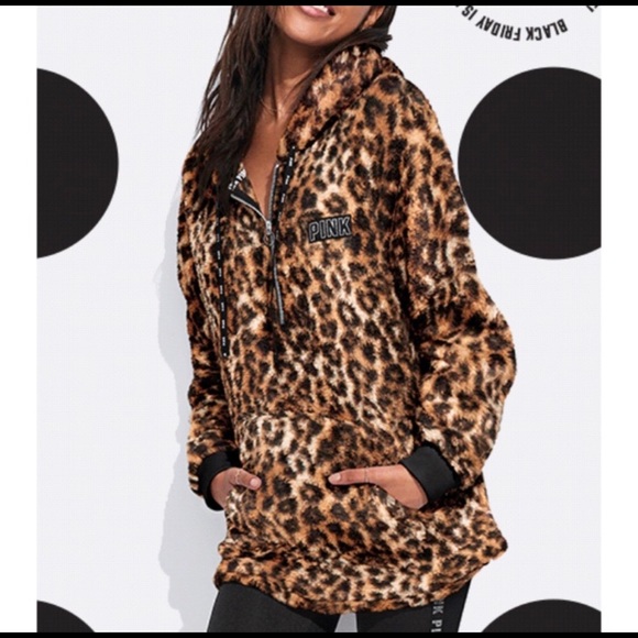 PINK Victoria's Secret Sweaters - Victoria Secret Pink Sherpa Leopard Hoodie - SZ L